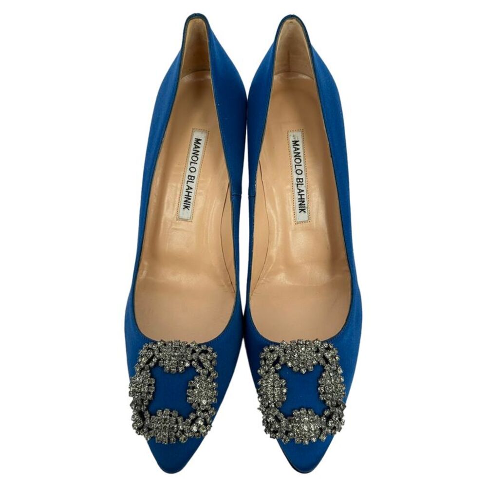 Manolo Blahnik Hangisi Embellished Pumps in Blue Satin - Picture 3 of 12
